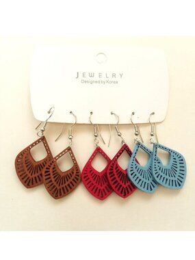 Wood Earrings 3pr Hollow Cut out Boho Dangle Boho Carved Hippie Trendy Stylish